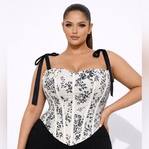 Fashion Nova Jayla Floral Corset Top 2X Black Off White Tie Shoulder Bustier